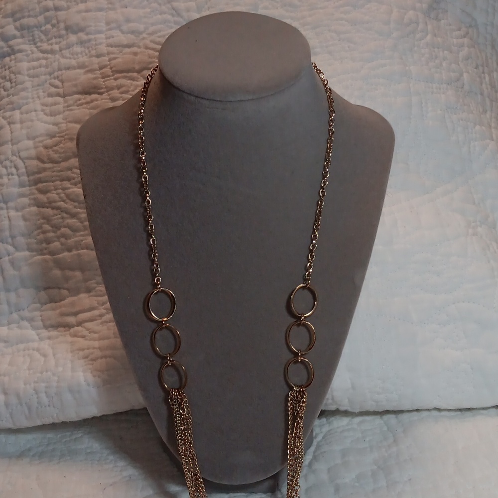 Gold Boho Chic Necklace with Long Tassels and Circular Elements